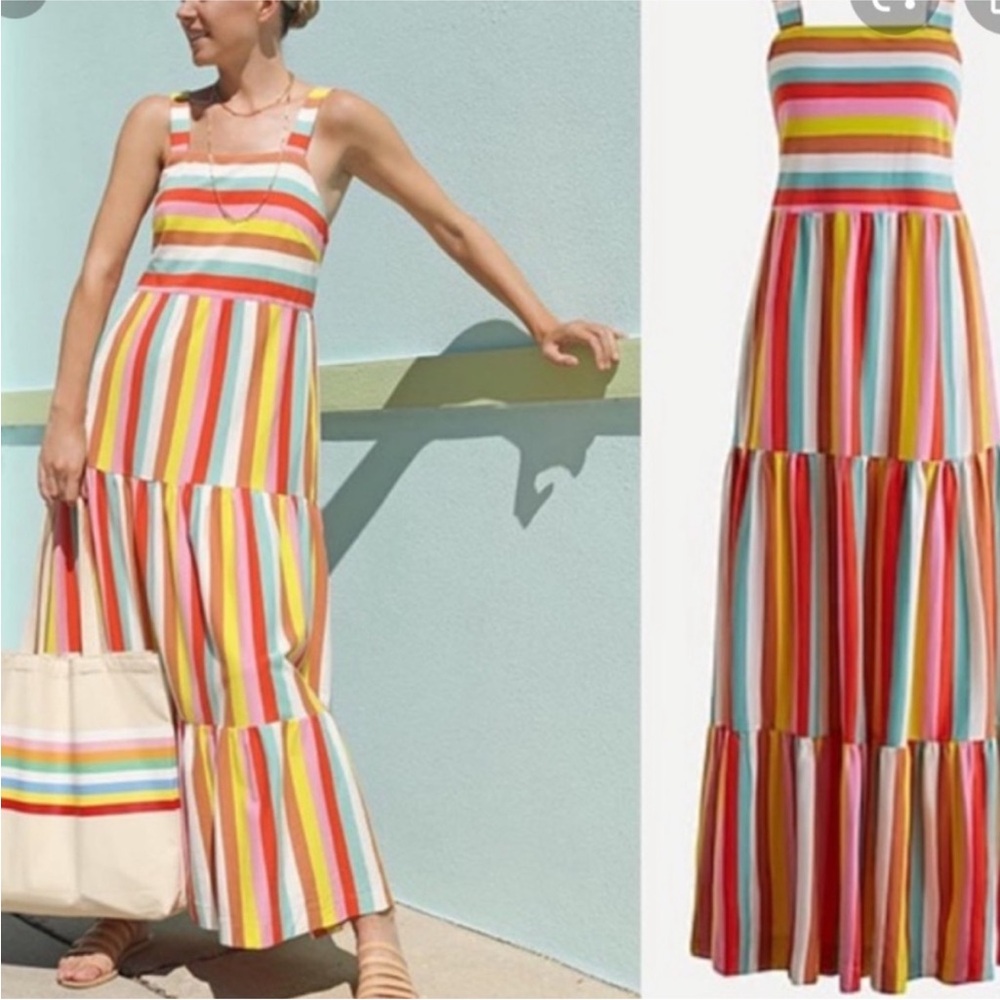 J. Crew Rainbow Striped Tiered Maxi Dress Colorful Flowy Pockets Midi Cotton - Picture 2 of 16